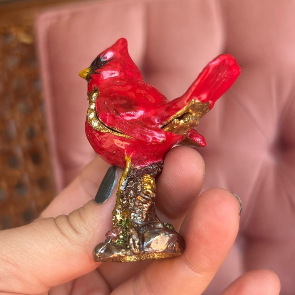 Jeweled Red Cardinal Trinket Box – Enamel Hinged Bird on Branch - Picture 5 of 5